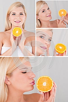 Pretty female with citrus orange fruit collage