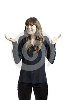 Pretty Female Model Acting Confused Hands Up Isolated White Background