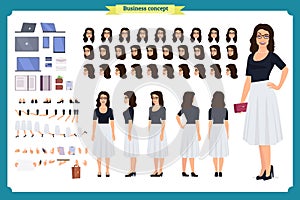 Pretty female office employee character creation set. Full length,