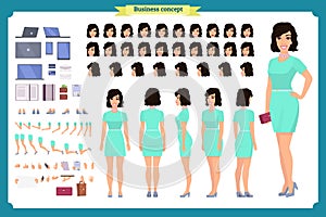 Pretty female office employee character creation set. Full length,