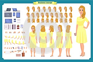 Pretty female office employee character creation set. Full length,