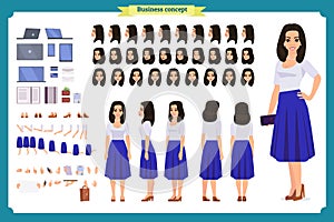 Pretty female office employee character creation set. Full length,