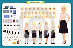 Pretty female office employee character creation set. Full length, different views, emotions gestures. Business casual women