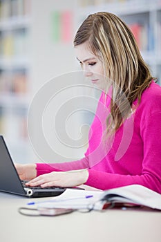 Pretty, female student with laptop and books