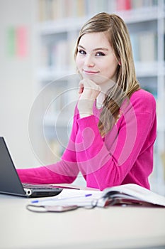 Pretty, female student with laptop and books