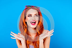 Pretty foxy slim girl with sunglasses. Close up portrait of funny funky rejoicing lovely cute sweet laughing lady gesturing with h