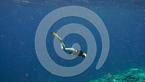 Pretty Free diver coral reef. Freediving is a sport when a person dives into sea water while holding his breath. An