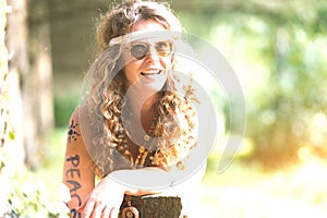 Pretty free hippie girl. Peace. Body painting. - Vintage photo e