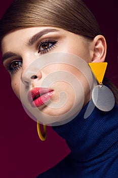 Pretty fresh girl, fashionable image of modern Twiggy with unusual eyelashes and bright accessories.