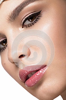 Pretty fresh girl, image of modern Twiggy with unusual eyelashes and accessories. Close up portrait