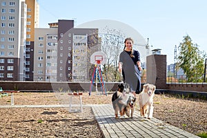 Pretty funny girl with nice dog at children playground in the yard of city in a sunny day