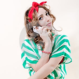 Pretty funny pinup woman & mobile cell phone