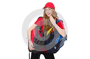 Pretty girl with backpack isolated on white