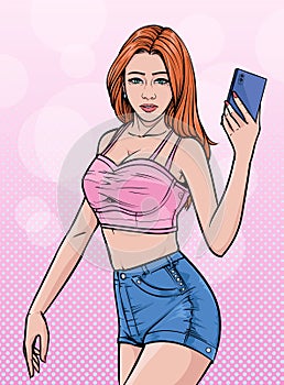 Pretty girl. A beautiful woman posed for selfie with mobile phone. Illustration vector On pop art comics style.