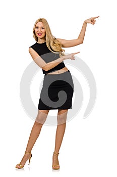 Pretty girl in black mini dress isolated on white