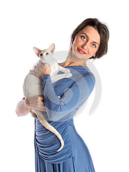 Pretty girl in blue night dress with cat