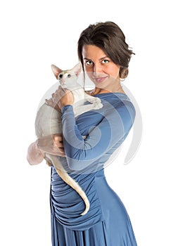 Pretty girl in blue night dress with cat