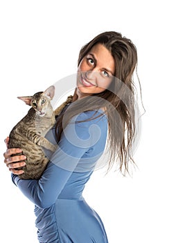 Pretty girl in blue night dress with cat