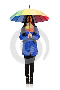 Pretty girl in blue winter jacket isolated on