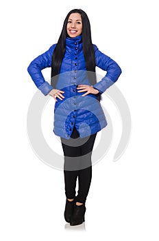 Pretty girl in blue winter jacket isolated on