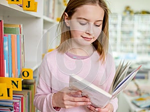 Pretty girl child reading book in library