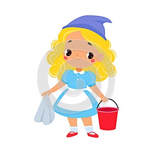 Pretty Girl Cinderella with Cloth and Bucket as Fairy Tale Character Vector Illustration