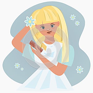 Pretty girl combing her hair with a comb, cartoon vector illustration. Nice young woman takes care of her hair. Straight