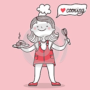 Pretty girl cooking card. Vector pink card background illustration with young chef backer