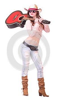 Pretty girl with cowboy hat with guitar