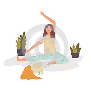 Pretty girl doing yoga with pug dog. Pet lover