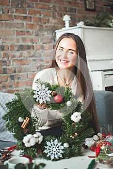 Pretty Girl Florist Woman with Winter Christmas Garland