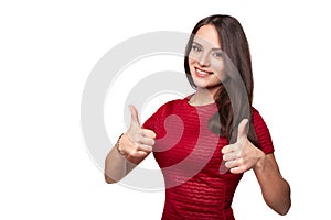 Pretty girl gives thumb up with two hands