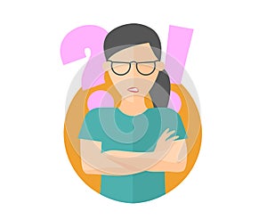 Pretty girl in glasses angry doubts, offended. Flat design icon. Woman with a question and exclamation marks. Simply editable isol