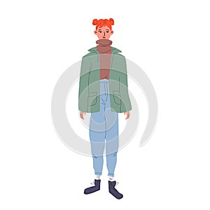 Pretty girl in a green jacket, a brown turtleneck, and blue jeans with rough boots. Young redhead woman in modern clothes. Vector