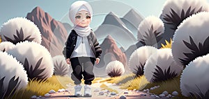 A pretty girl on a nature hike in a hijab and a white jacket and black pants photo