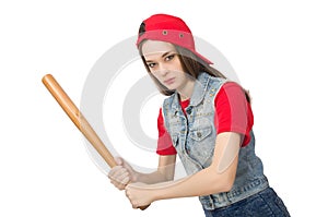 The pretty girl holding baseball bat isolated on white