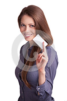 Pretty girl holding a business card