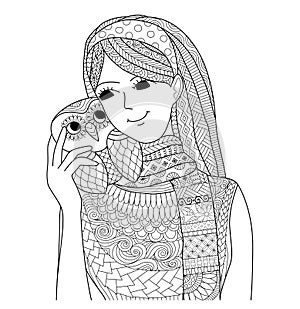 Pretty girl holding an owl zentangle design for coloring book for adult photo