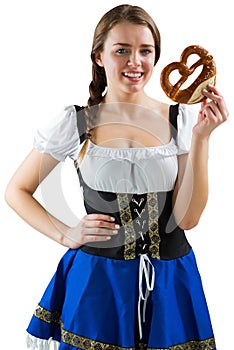 Pretty girl holding pretzel