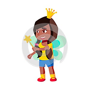 pretty girl infant wearing fairy queen costume holding magic stick on school stage cartoon vector