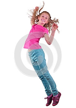 Pretty girl jumping and dancing over white