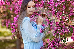 A pretty girl , long hair , stands near a pink blooming apple tree