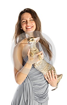Pretty girl in night dress with cat