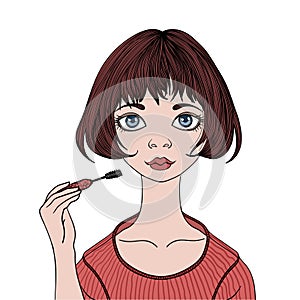 Pretty girl paints eyelashes mascara. Young woman doing makeup. Vector portrait illustration, isolated on white