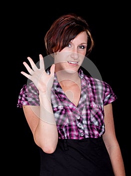 Pretty Girl in a Pink and Black Shirt Waving