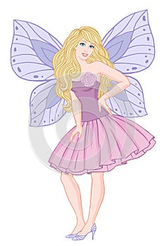 Pretty  girl posing in dress and butterfly wings, hand drawn vector illustration on a white background