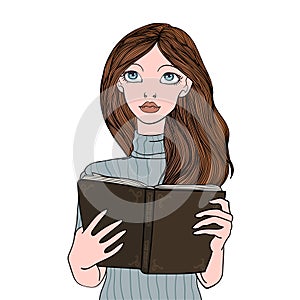 Pretty girl reading a book. Young woman portrait. Vector illustration, isolated on white background.