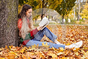 Pretty girl reads book in autumn park. Young woman sits on background of fallen yellow leaves