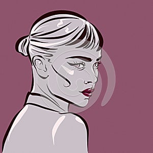 Pretty girl with red lips on the pink background. Simple abstract portrait.