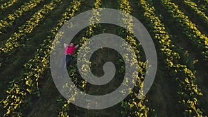 Pretty girl relaxing on the ground among rows of strawberry bushes